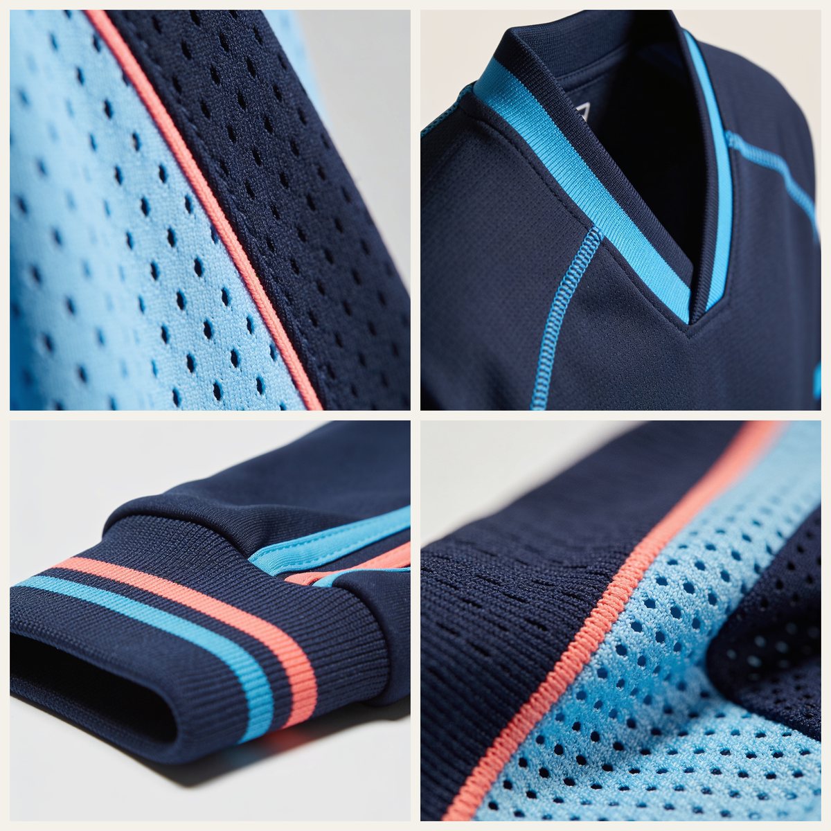Collage de detalles macro de la equipación de fútbol ROOTS: malla técnica, cuello y puño acanalado en navy, azul cielo y coral