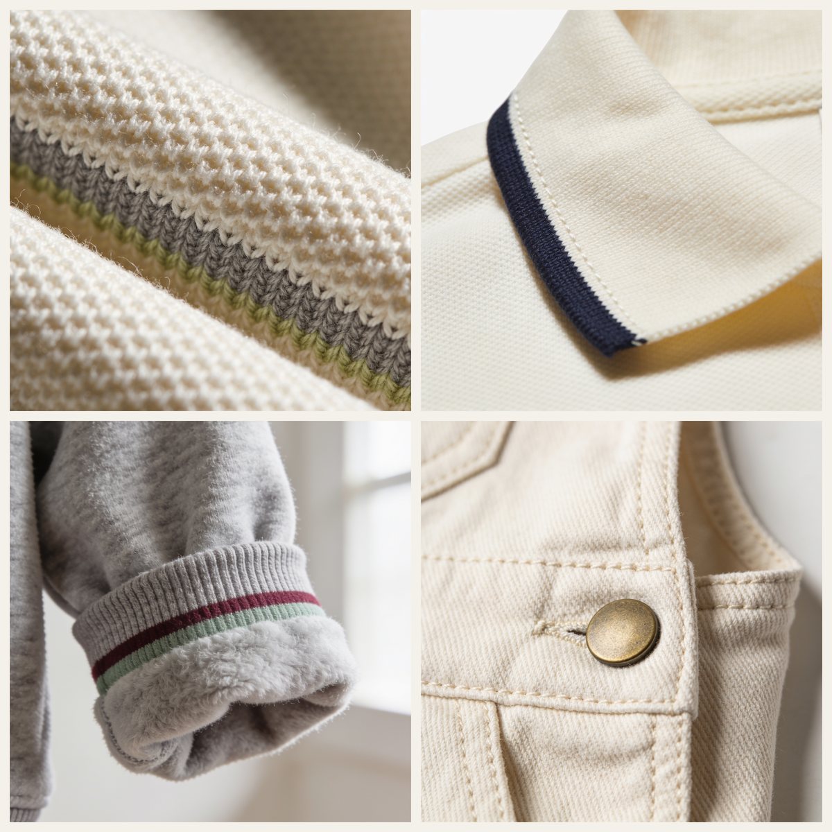 Collage de detalles macro del uniforme ROOTS: punto, cuello de polo, puño de sudadera y corchete de mandilón en crema, verde salvia, gris piedra y navy