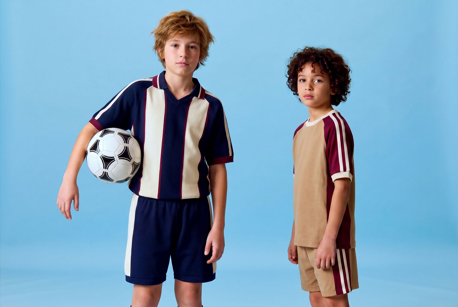 Dos niños con equipación de fútbol ROOTS y balón