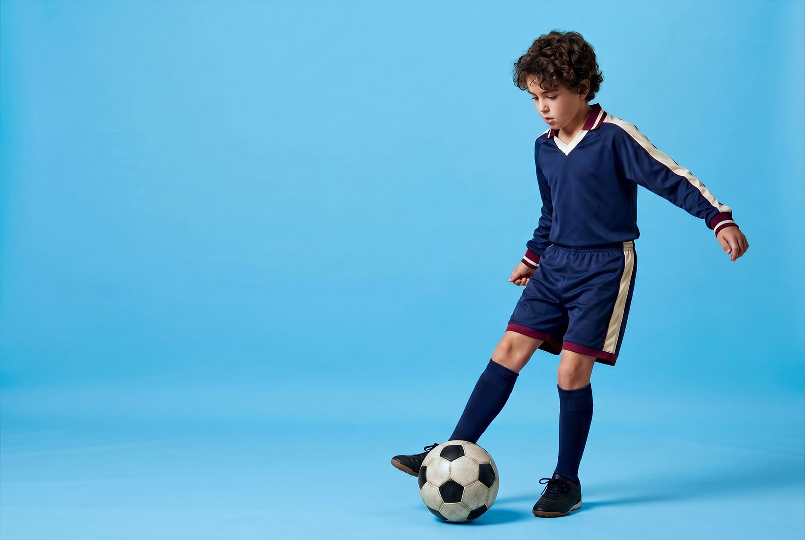 Niño con equipación de fútbol ROOTS y balón