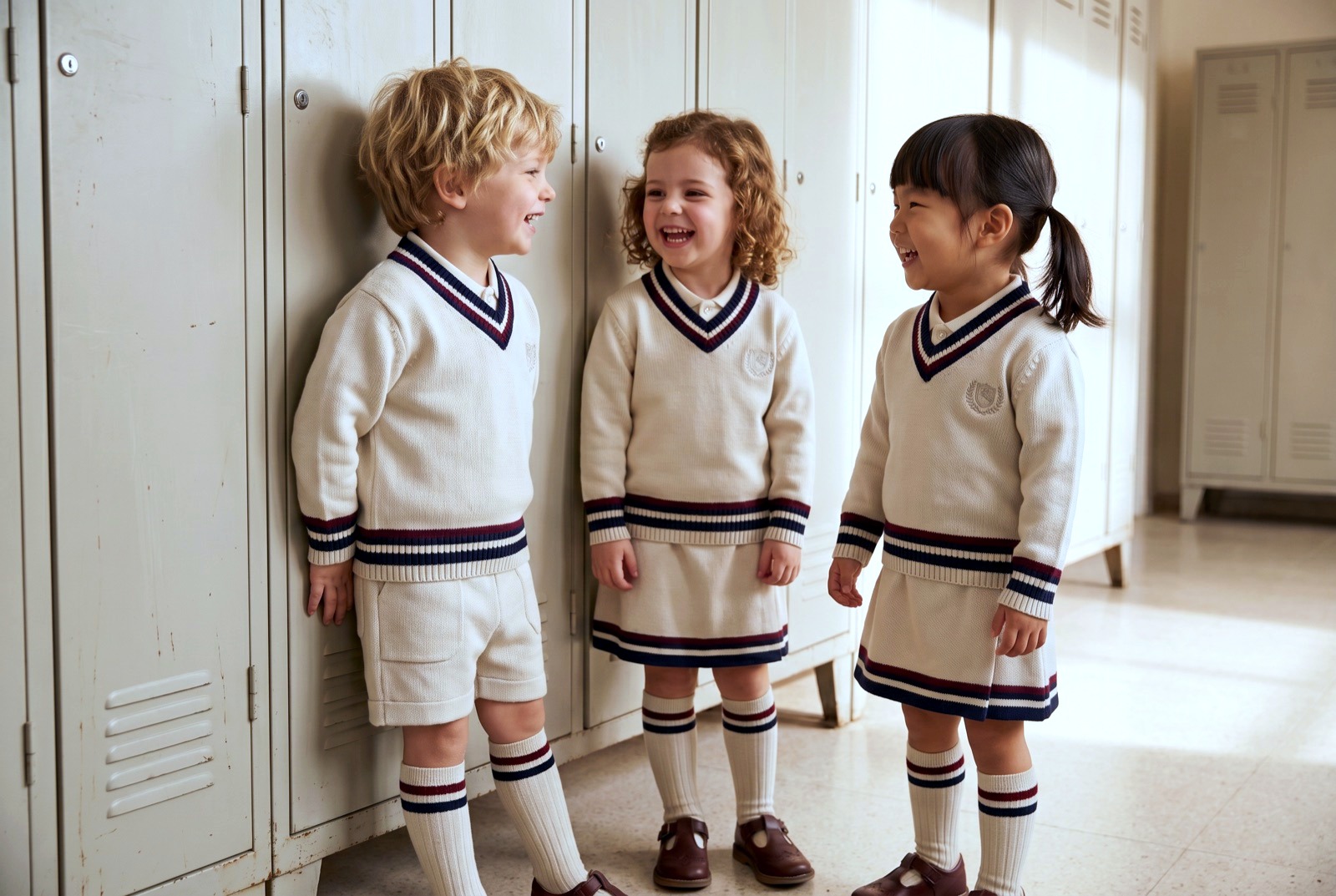 Niños de guardería con uniforme ROOTS junto a taquillas