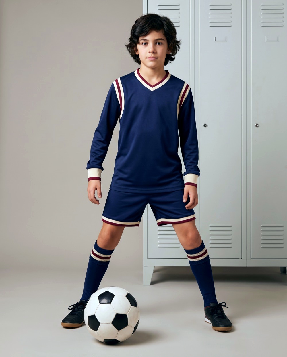 Niño con equipación de fútbol infantil ROOTS en azul navy